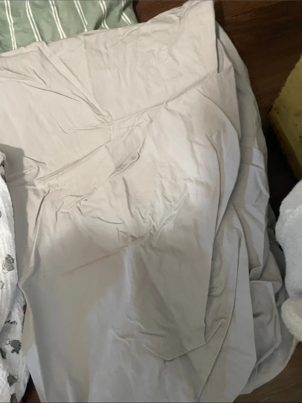 Neutral Taupe Sheet Set with Woodland Print Muslin Swaddle and Striped Linens